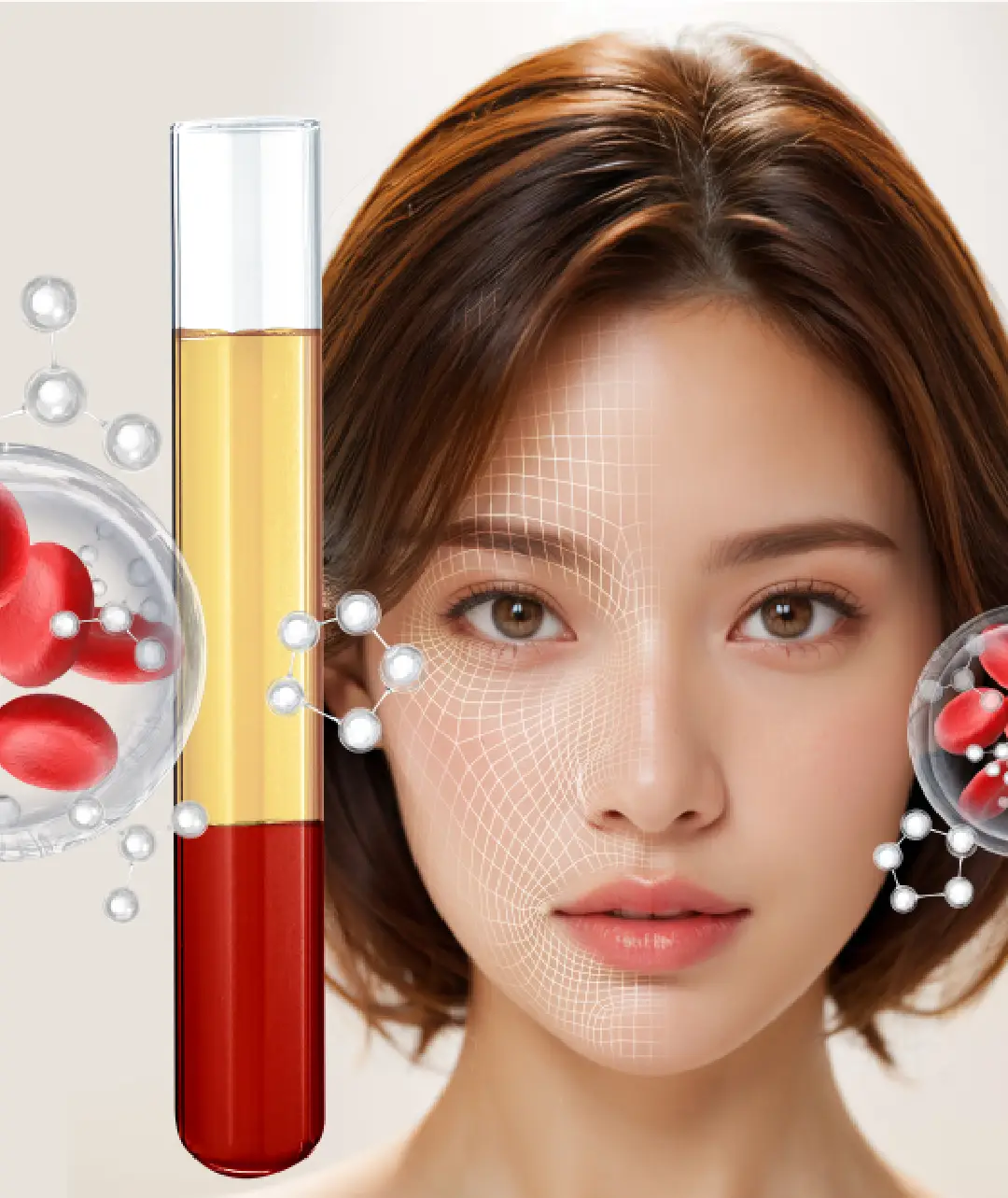 PRP therapy concept with a woman’s face, blood vial, and red blood cell visuals.