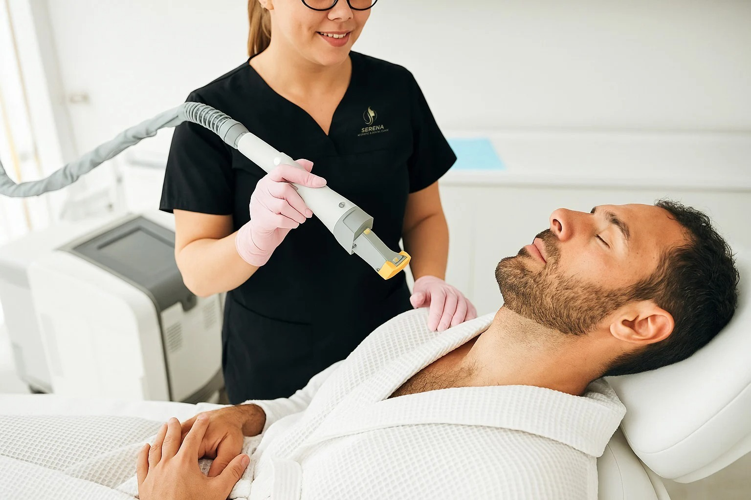 Male patient receiving a laser hair removal treatment on his chest area