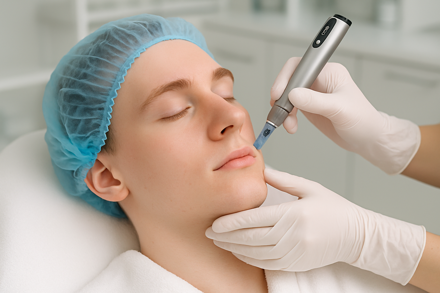 Man calmly receiving PRP treatment on his face