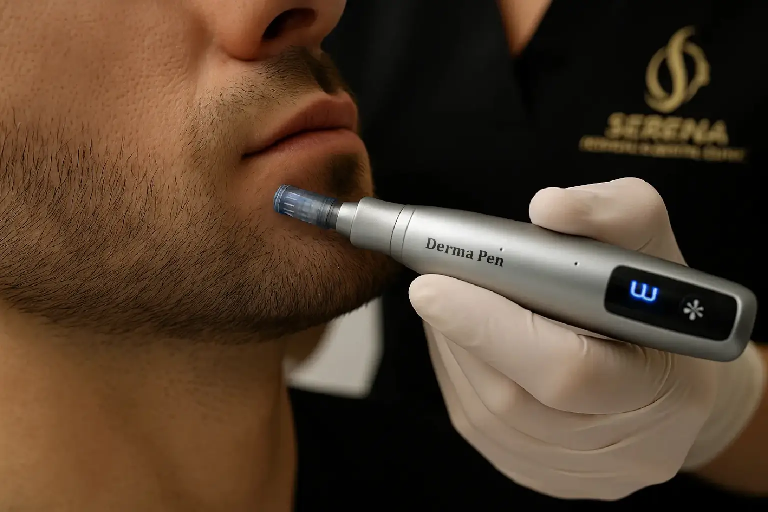 Man calmly receiving PRP treatment on his face